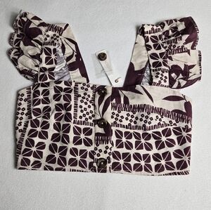 Olivaceous Maroon Patterned Women's Cropped Linen Blend Top, Size Small